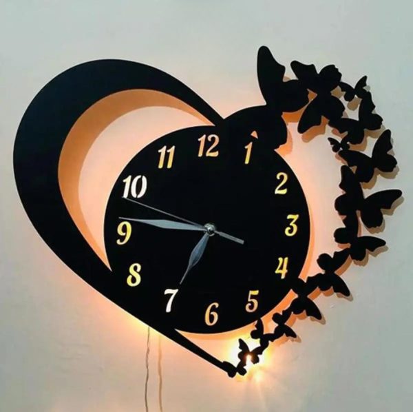 3D Heart Shape Wooden Wall Clock With Light