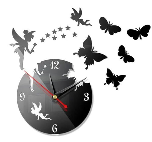 3D Fairy Wooden Wall Clock Black