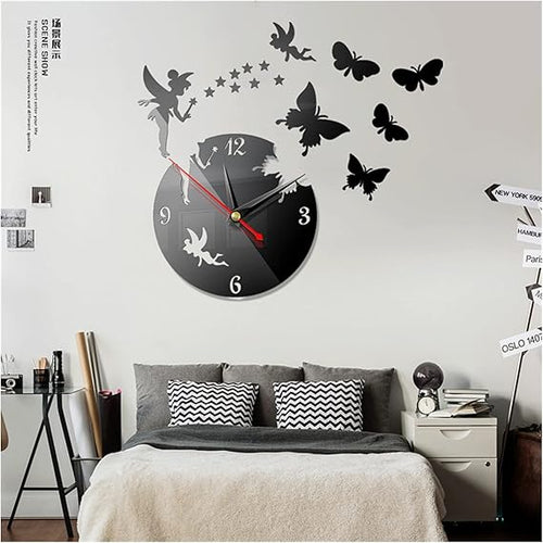 3D Fairy Wooden Wall Clock Black
