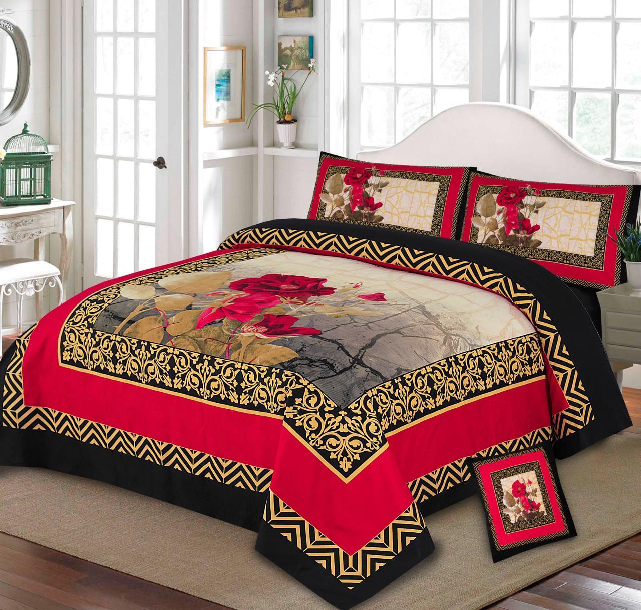 Premium Quality Cotton Satin 4-Side Border Bedsheet 4 Pcs (100% Color & Fabric Guaranteed)
