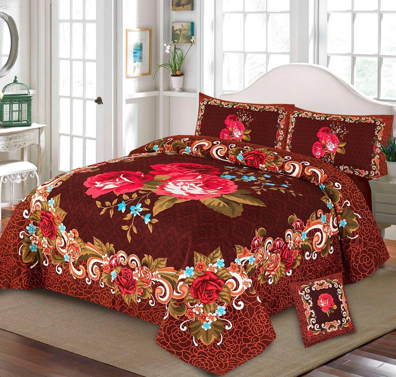 Premium Quality Cotton Satin 4-Side Border Bedsheet 4 Pcs (100% Color & Fabric Guaranteed)