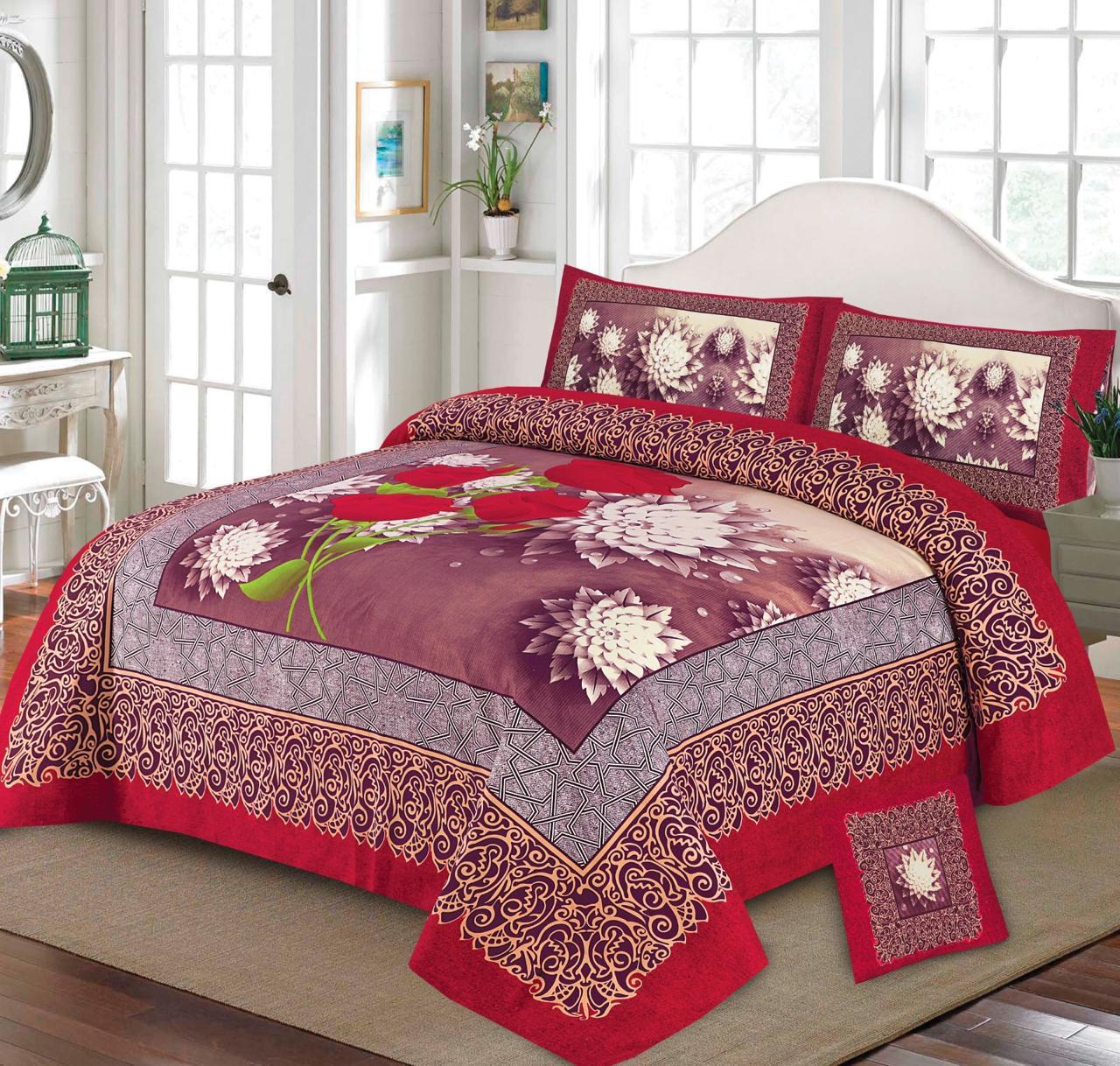 Premium Quality Cotton Satin 4-Side Border Bedsheet 4 Pcs (100% Color & Fabric Guaranteed)
