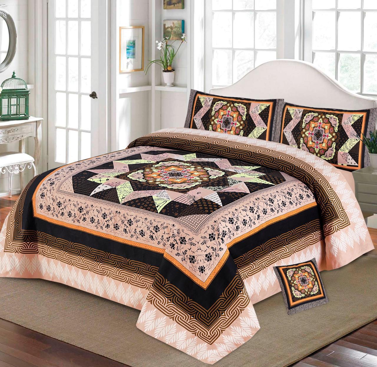 Premium Quality Cotton Satin 4-Side Border Bedsheet 4 Pcs (100% Color & Fabric Guaranteed)