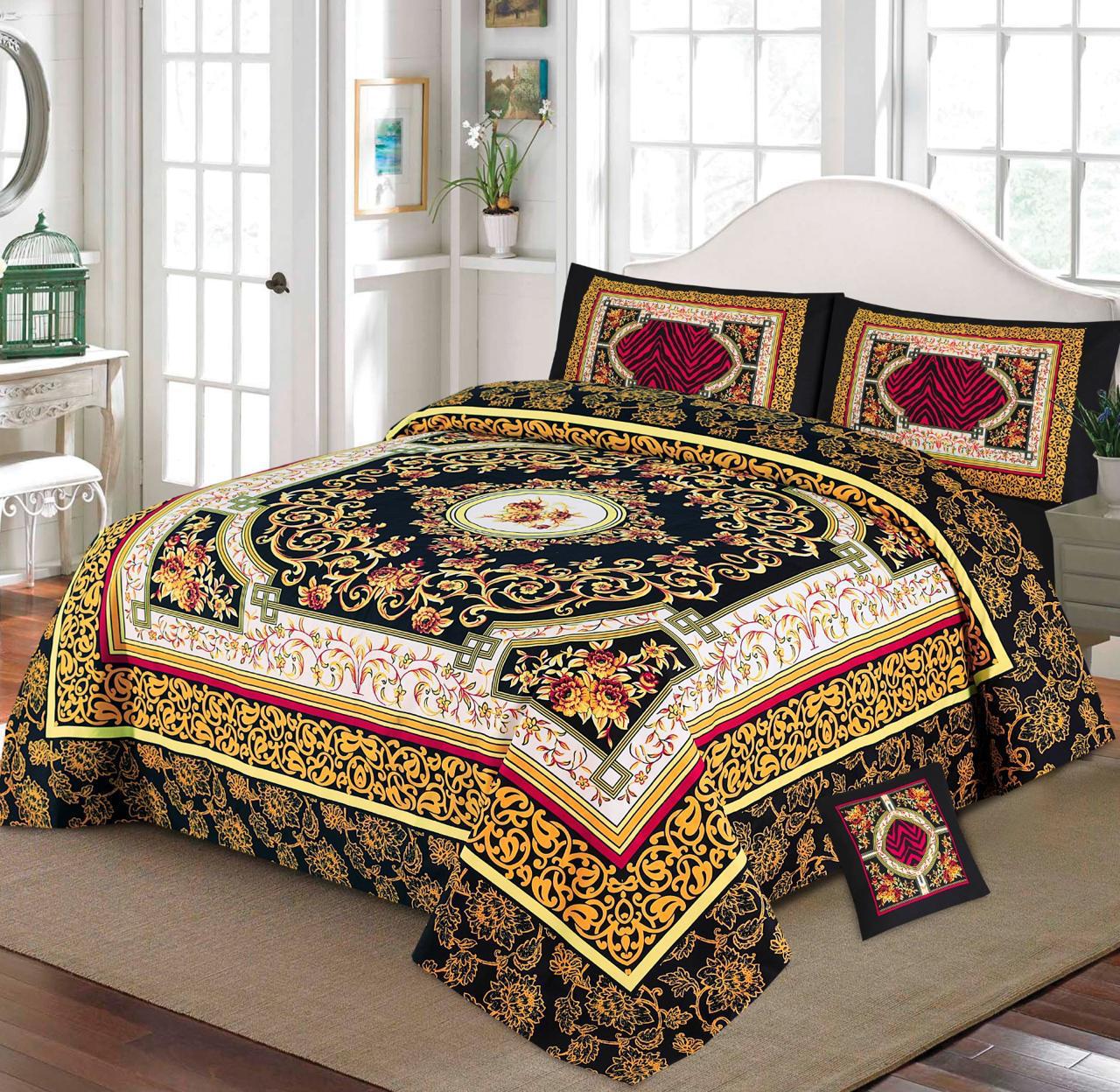 Premium Quality Cotton Satin 4-Side Border Bedsheet 4 Pcs (100% Color & Fabric Guaranteed)