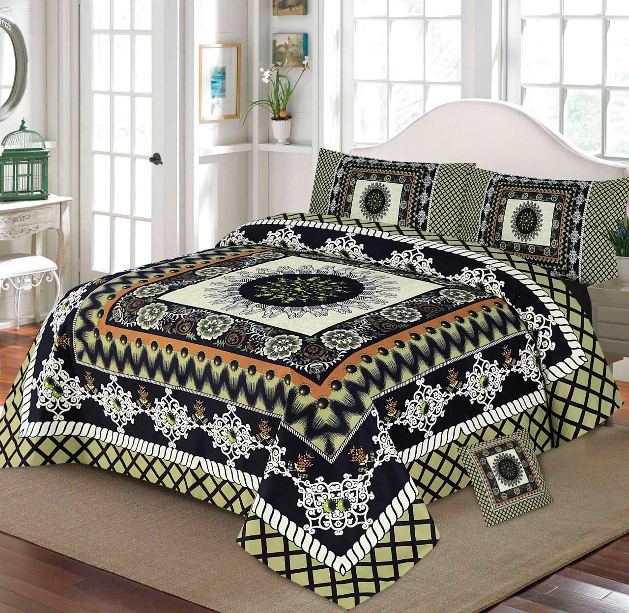 Premium Quality Cotton Satin 4-Side Border Bedsheet 4 Pcs (100% Color & Fabric Guaranteed)