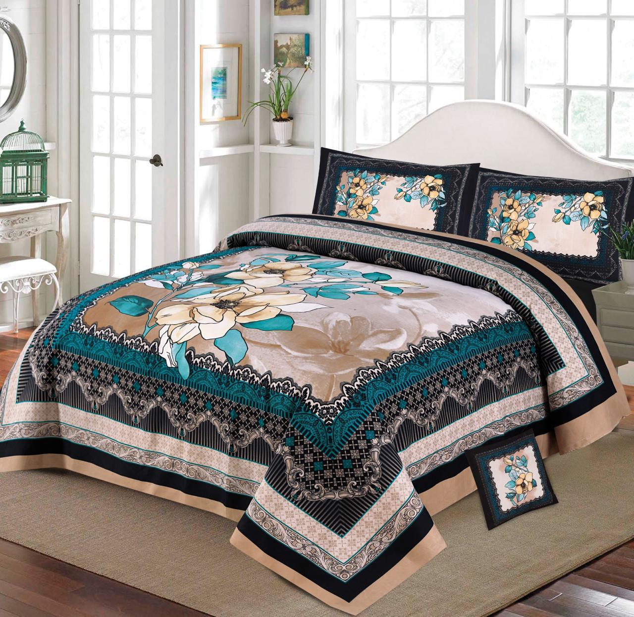 Premium Quality Cotton Satin 4-Side Border Bedsheet 4 Pcs (100% Color & Fabric Guaranteed)