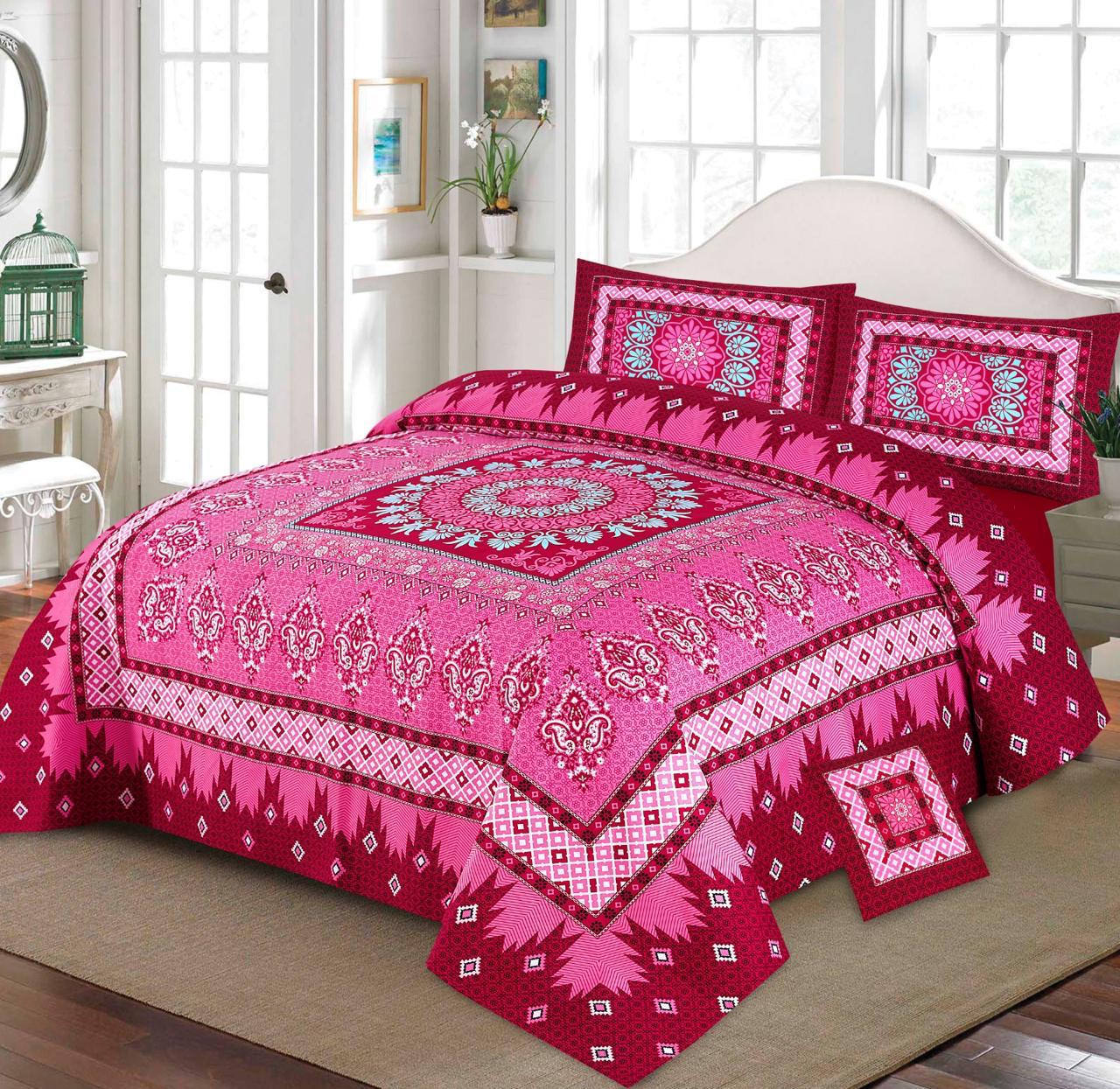 Premium Quality Cotton Satin 4-Side Border Bedsheet 4 Pcs (100% Color & Fabric Guaranteed)