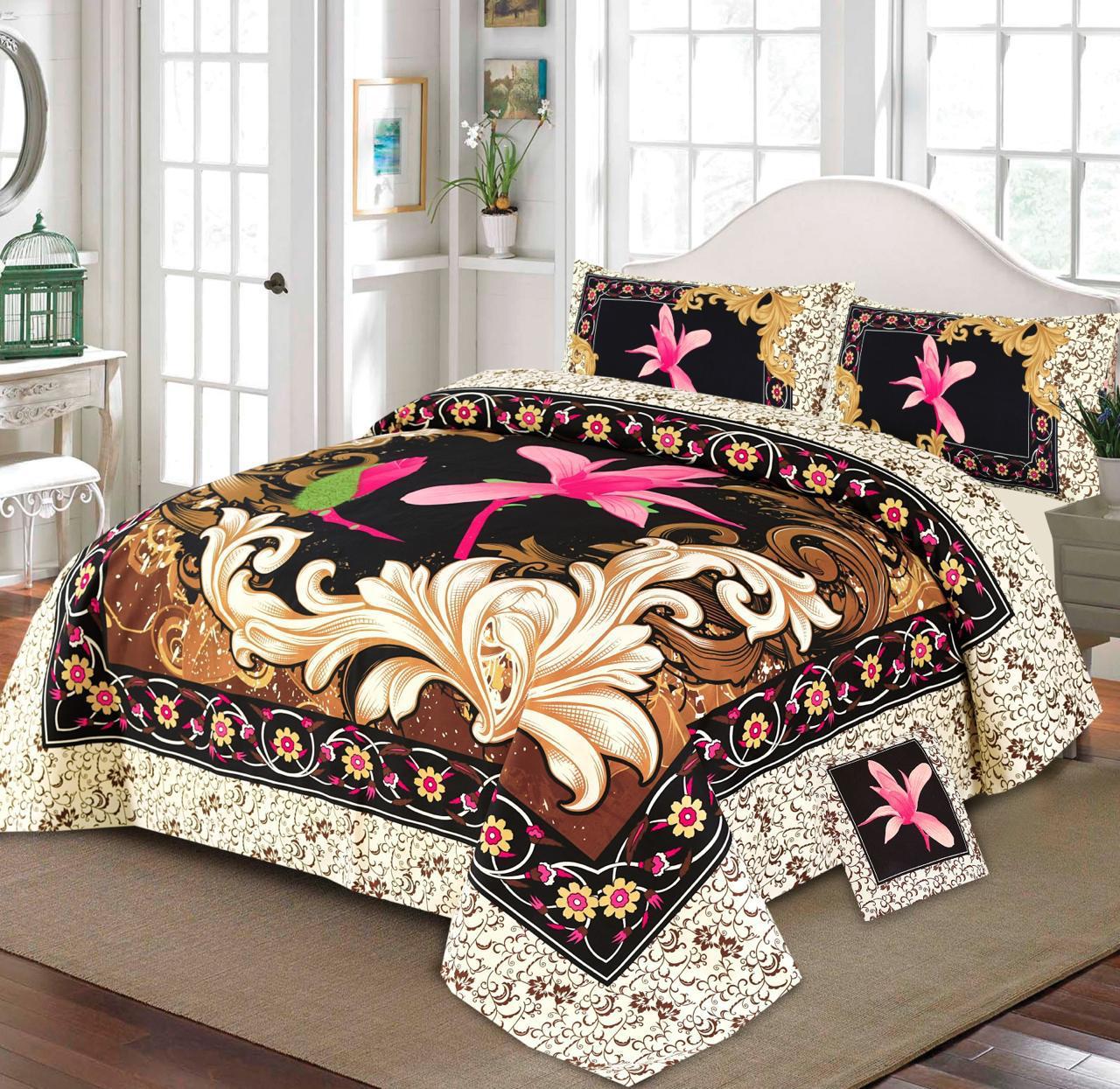 Premium Quality Cotton Satin 4-Side Border Bedsheet 4 Pcs (100% Color & Fabric Guaranteed)