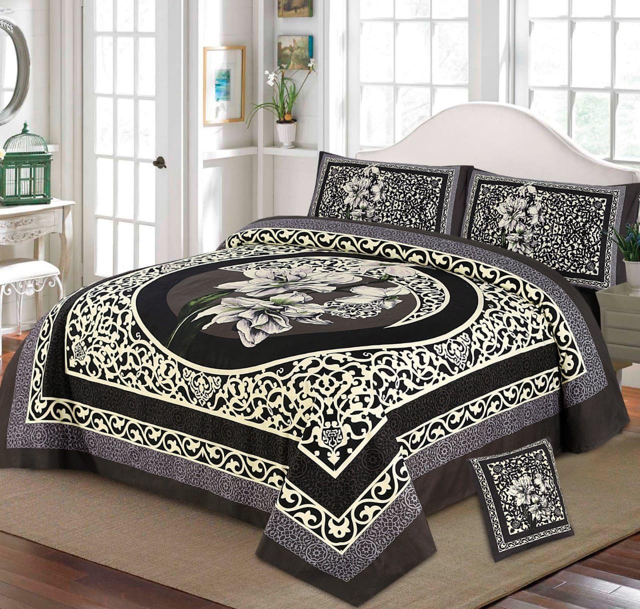 Premium Quality Cotton Satin 4-Side Border Bedsheet 4 Pcs (100% Color & Fabric Guaranteed)