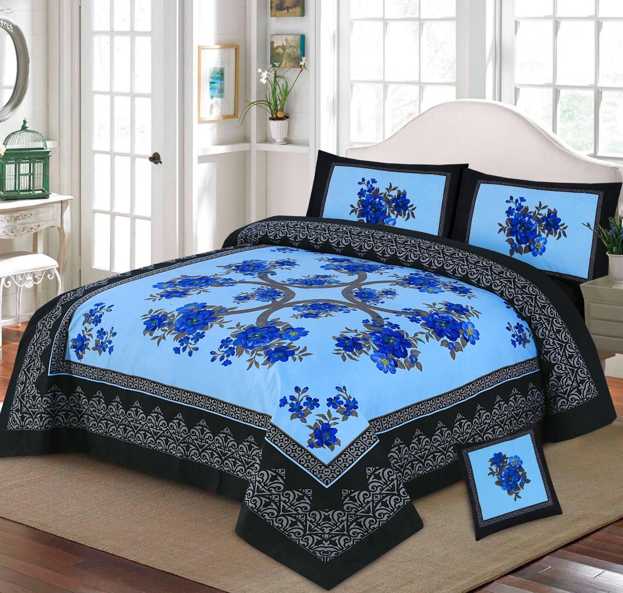 Premium Quality Cotton Satin 4-Side Border Bedsheet 4 Pcs (100% Color & Fabric Guaranteed)