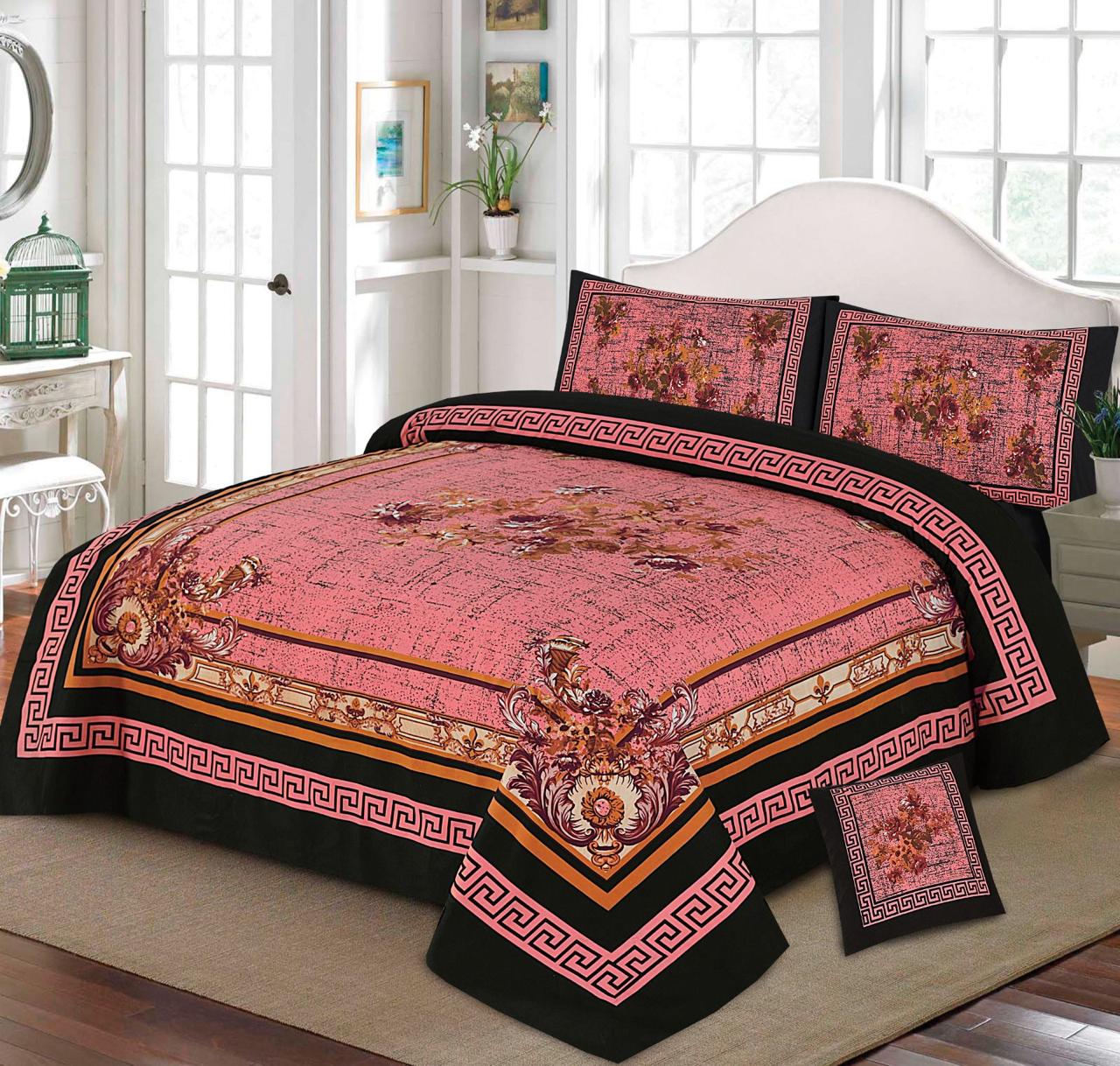 Premium Quality Cotton Satin 4-Side Border Bedsheet 4 Pcs (100% Color & Fabric Guaranteed)
