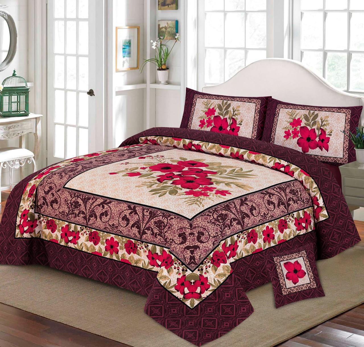 Premium Quality Cotton Satin 4-Side Border Bedsheet 4 Pcs (100% Color & Fabric Guaranteed)