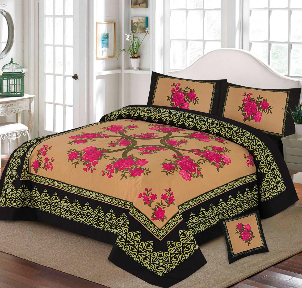 Premium Quality Cotton Satin 4-Side Border Bedsheet 4 Pcs (100% Color & Fabric Guaranteed)