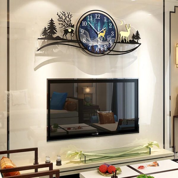 Forest Figure Deer 3D Wood Wall Clock Blue Jungle With Light, Fancy Clocks For Bedroom And Drawing Room