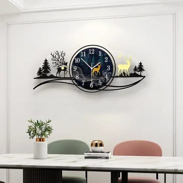 Forest Figure Deer 3D Wood Wall Clock Blue Jungle With Light, Fancy Clocks For Bedroom And Drawing Room