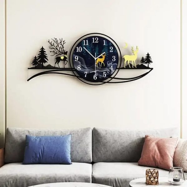 Forest Figure Deer 3D Wood Wall Clock Blue Jungle With Light, Fancy Clocks For Bedroom And Drawing Room