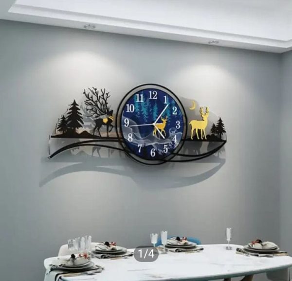 Forest Figure Deer 3D Wood Wall Clock Blue Jungle With Light, Fancy Clocks For Bedroom And Drawing Room