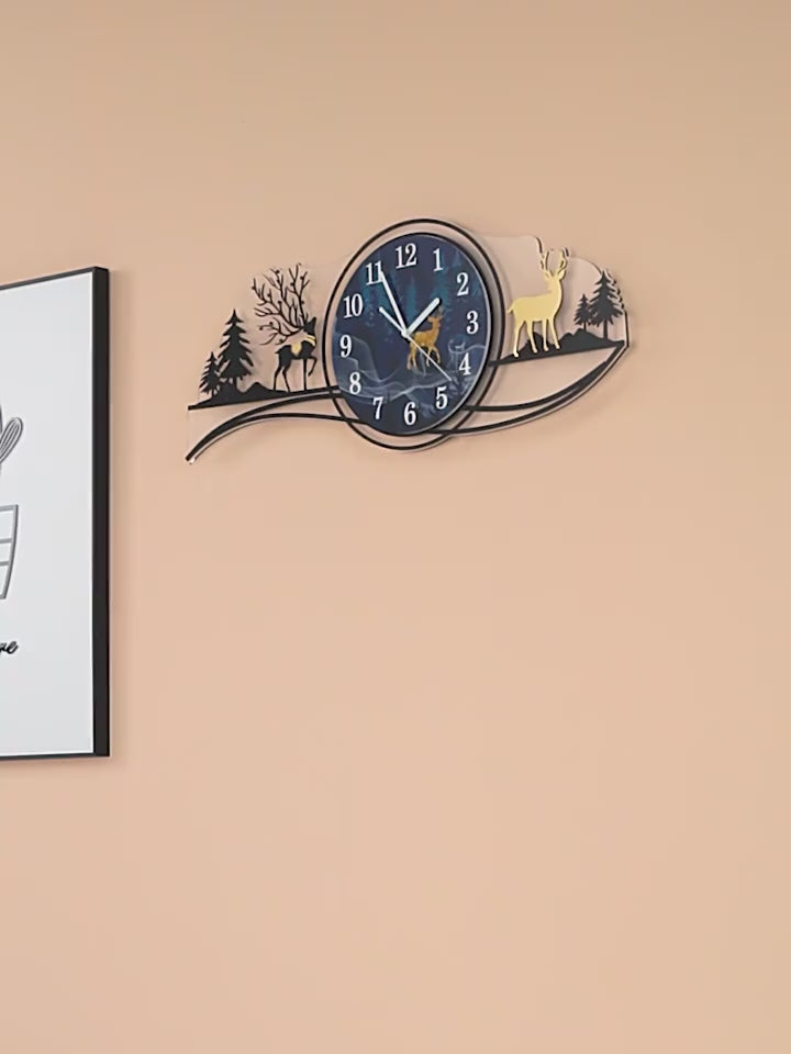 Forest Figure Deer 3D Wood Wall Clock Blue Jungle With Light, Fancy Clocks For Bedroom And Drawing Room